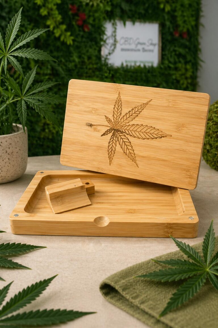 Caja y bandeja de liar en madera de Acacia Cannabis Leaf
