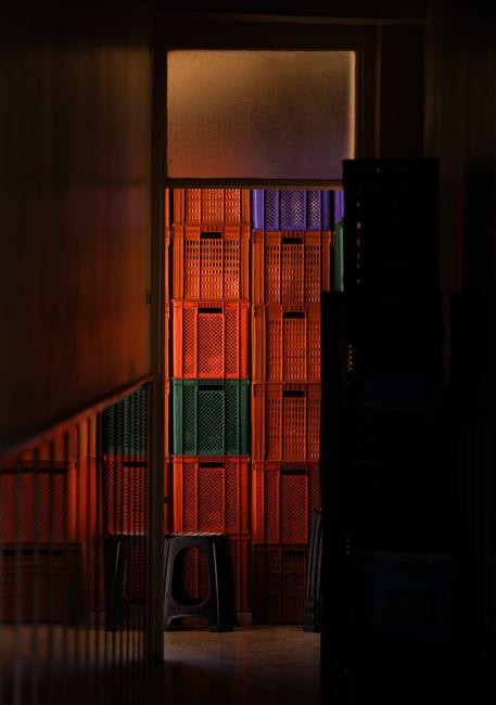 Cajas de plástico naranjas y moradas apiladas en un almacén oscuro con una iluminación dramática.