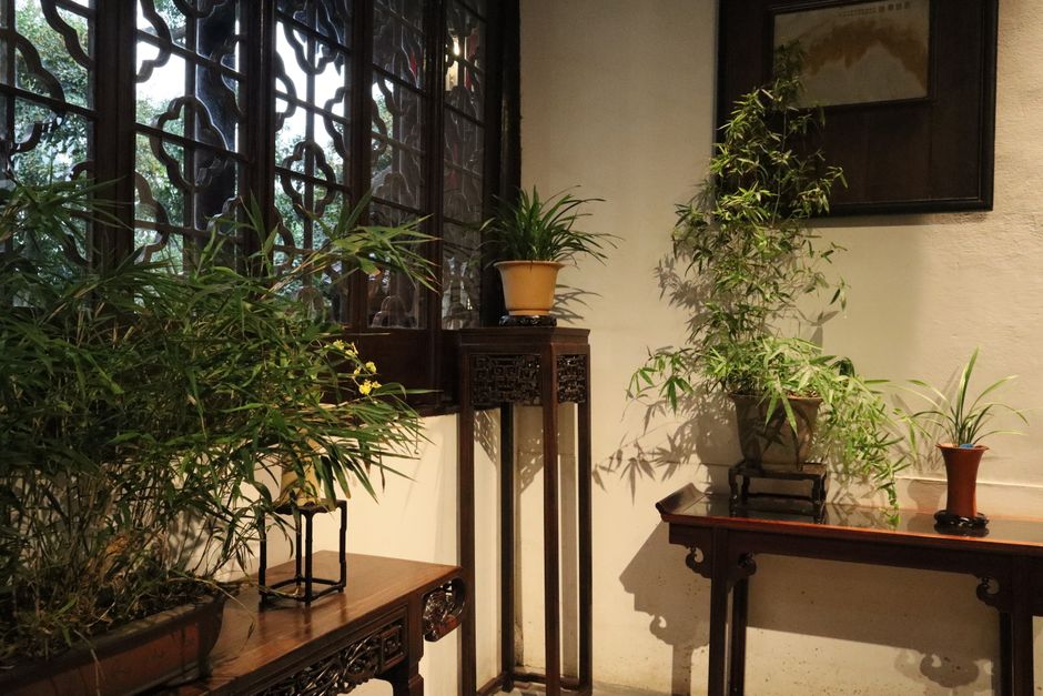 Ambiente interior sereno con bambú en macetas y muebles de madera de intrincado diseño bajo luz natural.