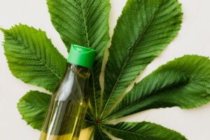 Botella con tapa verde sobre un conjunto de hojas, simbolizando el cuidado natural de la piel y productos ecológicos.