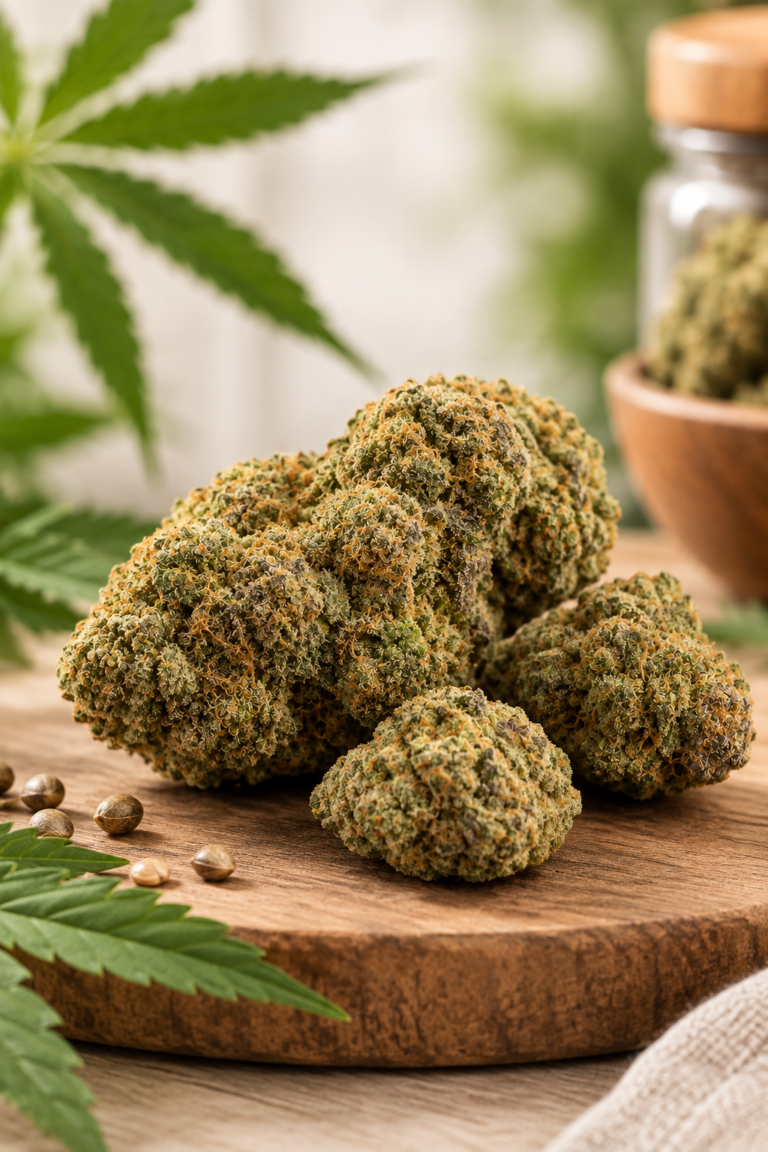 Cogollos Apple Pie CBD sobre madera